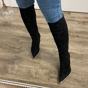 Alexander Wang Black Suede Knee-High Pointed Toe Heeled Boots